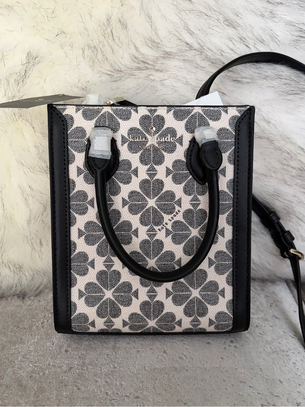 NWT Kate Spade Canvas Flower Jacquard Mini Tote Crossbody Black Grey & Cream